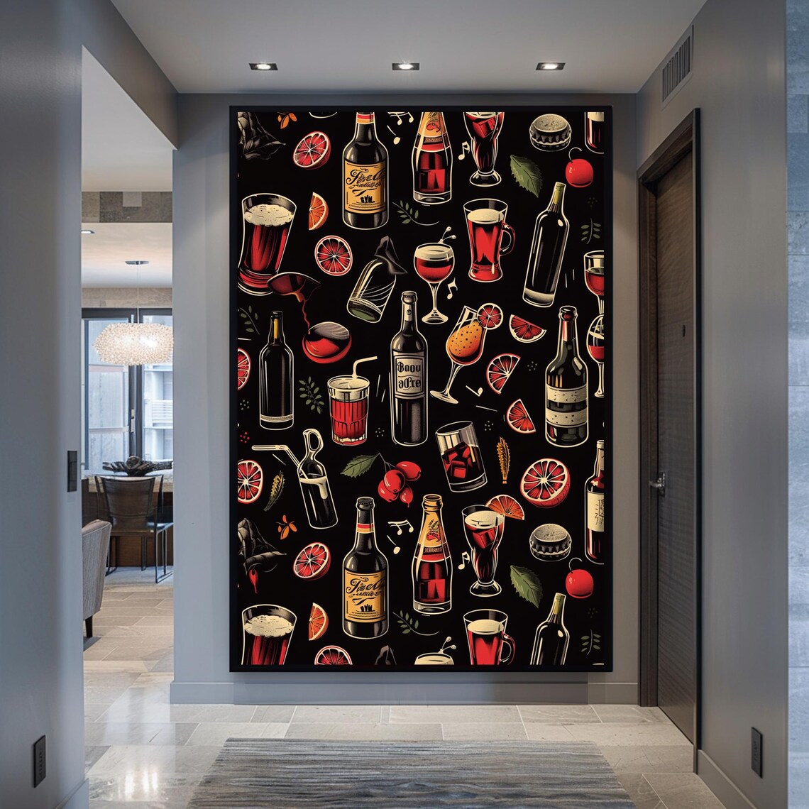 Cocktail Wine and Beer Bottles Pattern on a Black Bar Decor Poster - Image 6