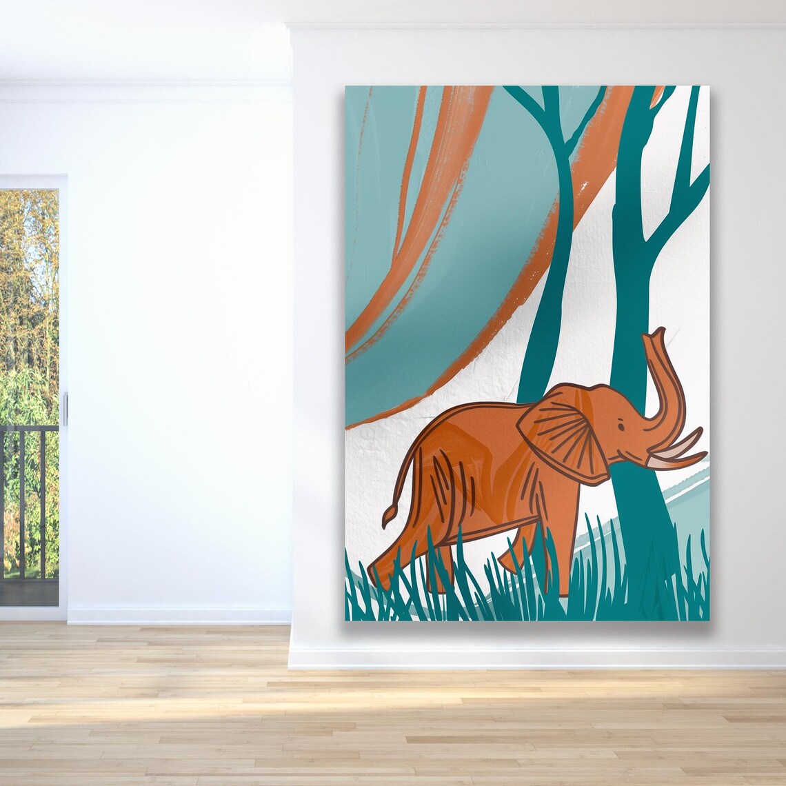 Orange Elephant Minimalist Teal Jungle Trees Nursery Decor Poster - Image 4