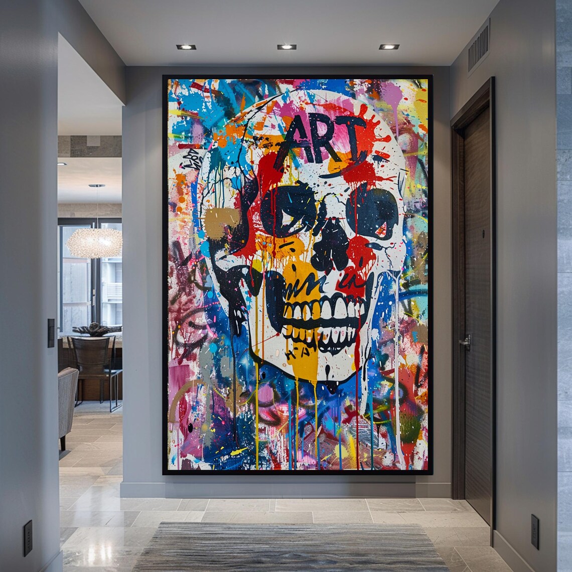 Graffiti Skull Street Art Covered in Colorful Paint Splashes Poster - Image 2