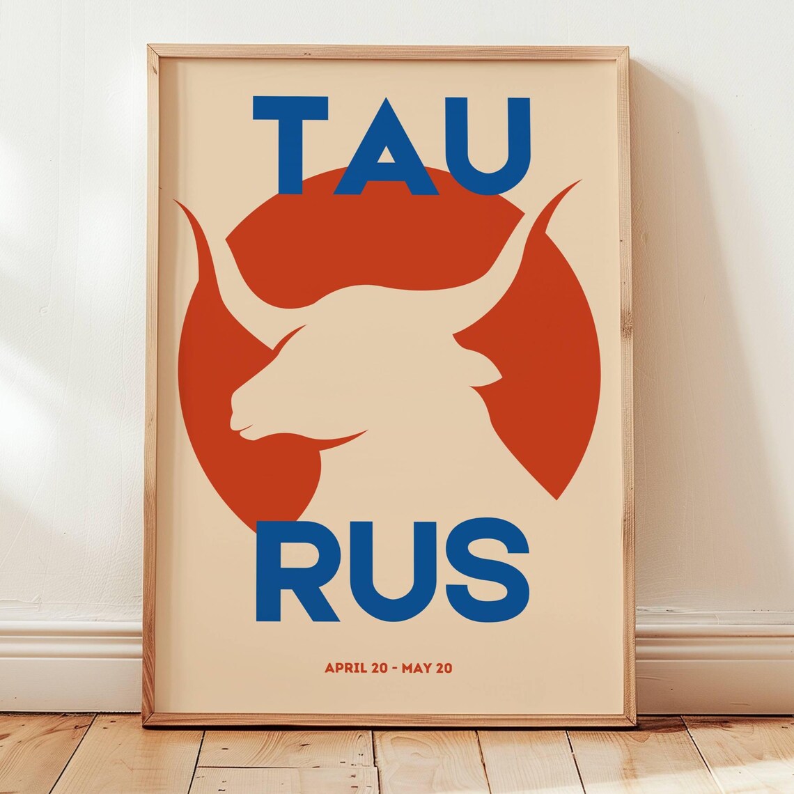 Taurus Zodiac Vintage Poster Red Blue Bull April May Typography Art