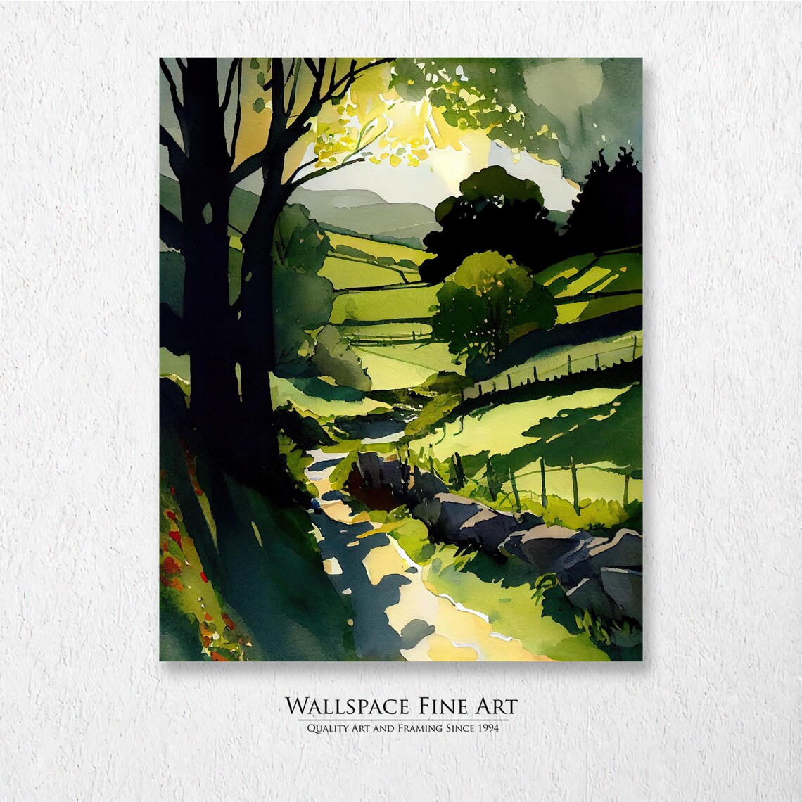 Sunlit Country Lane Green Hills Watercolor Landscape Painting Poster