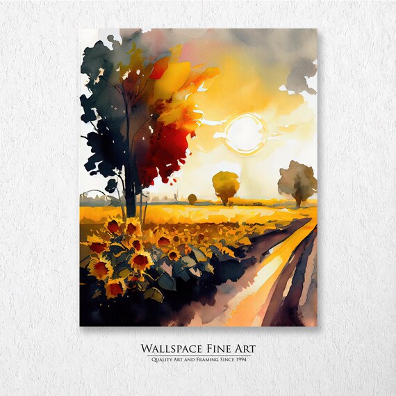 Sunflower Field Sunset Country Road Golden Watercolor Landscape Poster