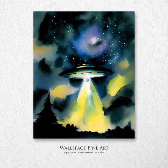 I Believe UFO Flying Saucer Night Sky Watercolor Sci Fi Alien Art Poster