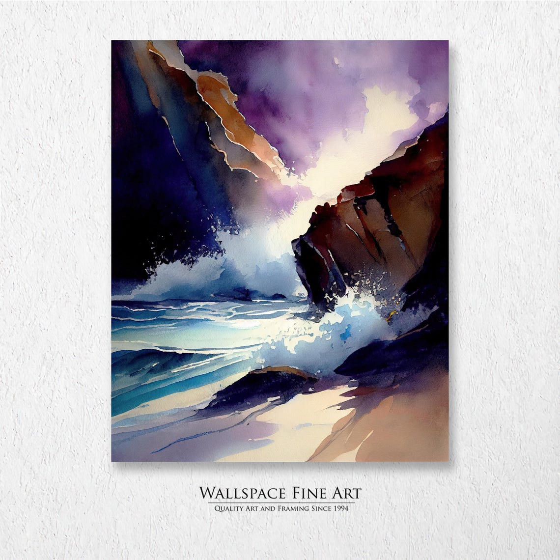 Stormy Ocean Waves Crashing Cliffs Dramatic Seascape Watercolor Print