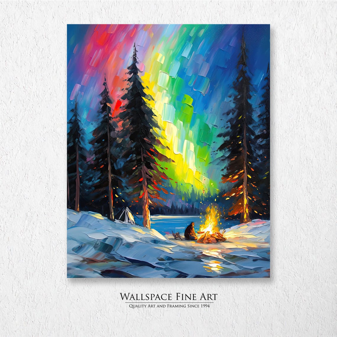 Northern Lights Aurora Borealis Snowy Campfire Night Art Poster
