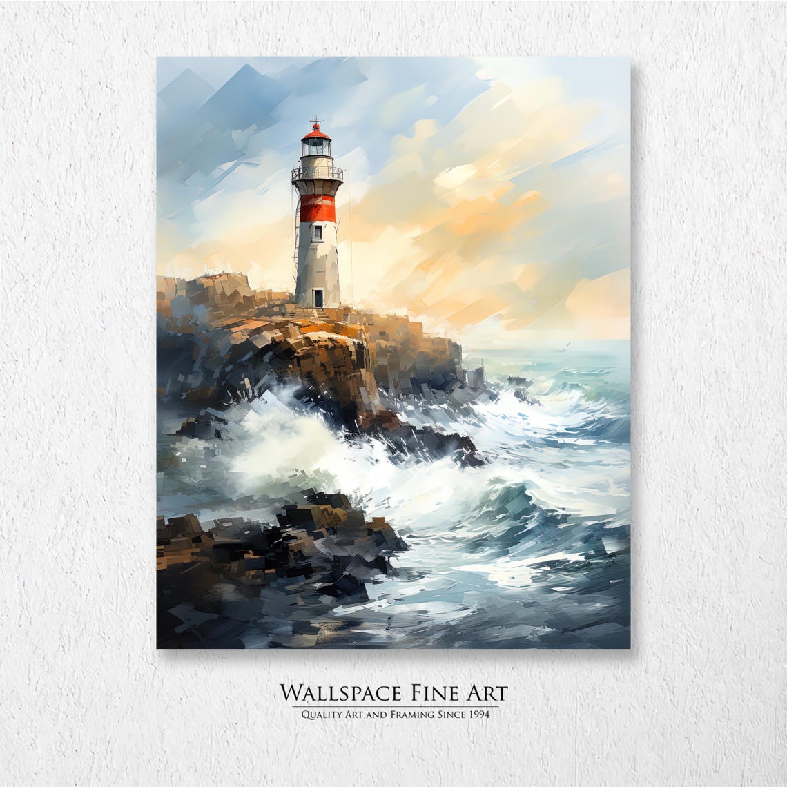 Red and White Lighthouse Rocky Coast Sunset Waves Painting Poster