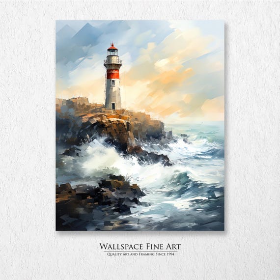Lighthouse Ocean Beach Waves Sunset Landscape Painting Wall Art Dcor Print Wallspace Fine 30007