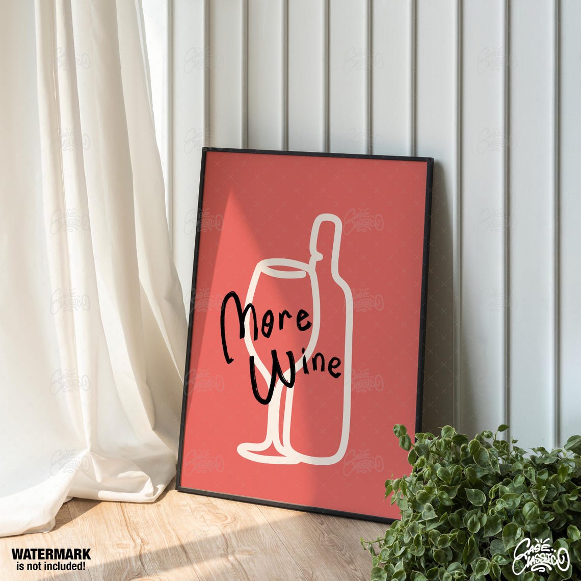 More Wine Coral Red Glass Bottle Line Art Wine Lover Bar Poster