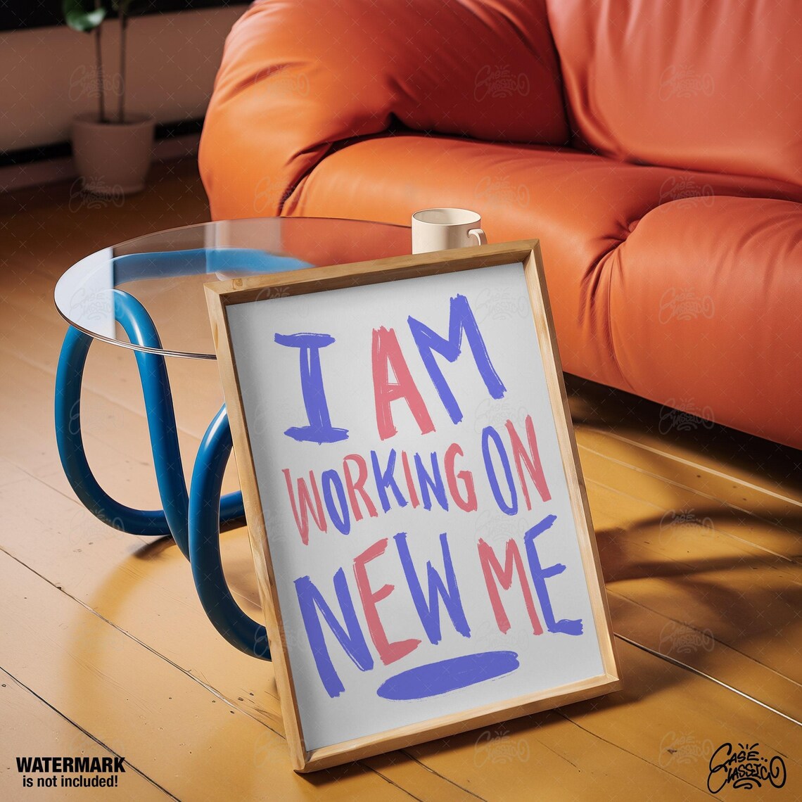 I Am Working On New Me Blue Red Brush Lettering White Quote Poster