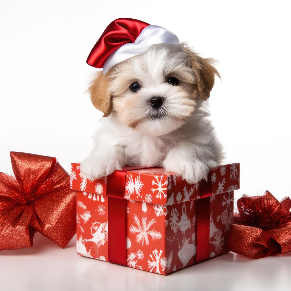 Adorable Puppy in a Santa Hat Sitting on a Christmas Gift Box Poster
