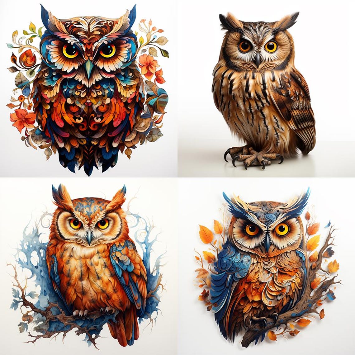 Four Colorful Owl Illustrations Vibrant Detailed Bird Art Poster