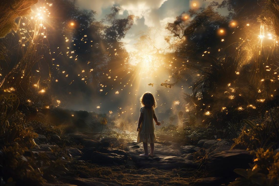 Child Walking Toward Light in a Magical Golden Forest Poster