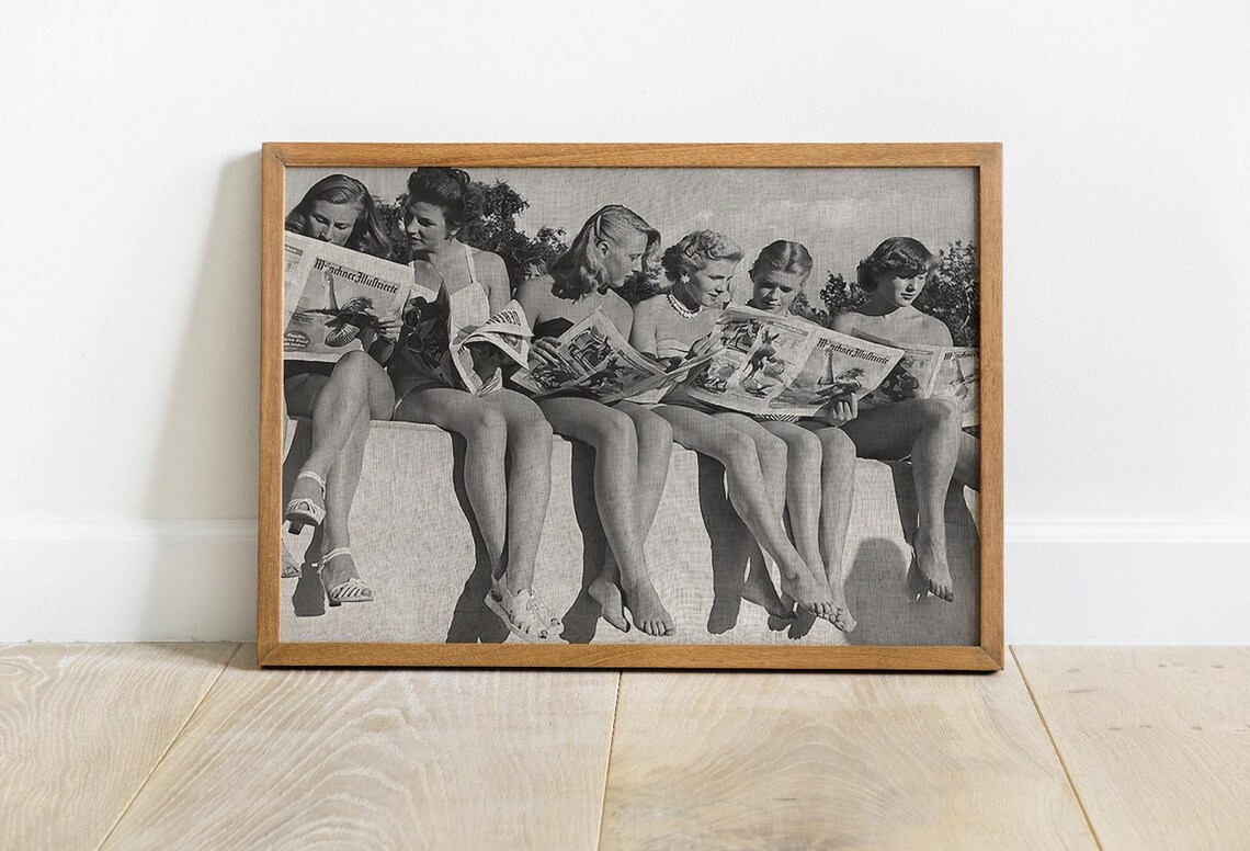 Women Reading Newspaper Vintage Black and White Art Print - Image 2