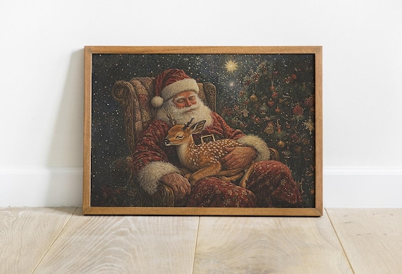 Santa Claus Dozing In Armchair With Fawn By Christmas Tree Vintage Poster