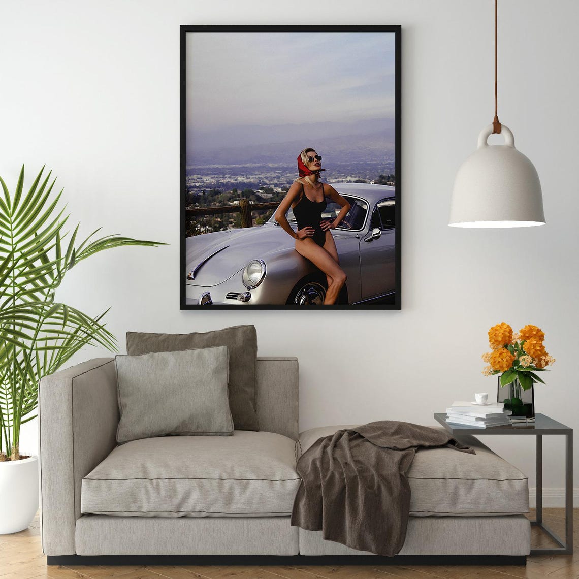 Retro Glamour Wall Art Woman With Vintage Car In Black Swimsuit And Red Headscarf Timeless Fashion Photography Print For Living Room Decor - Image 3