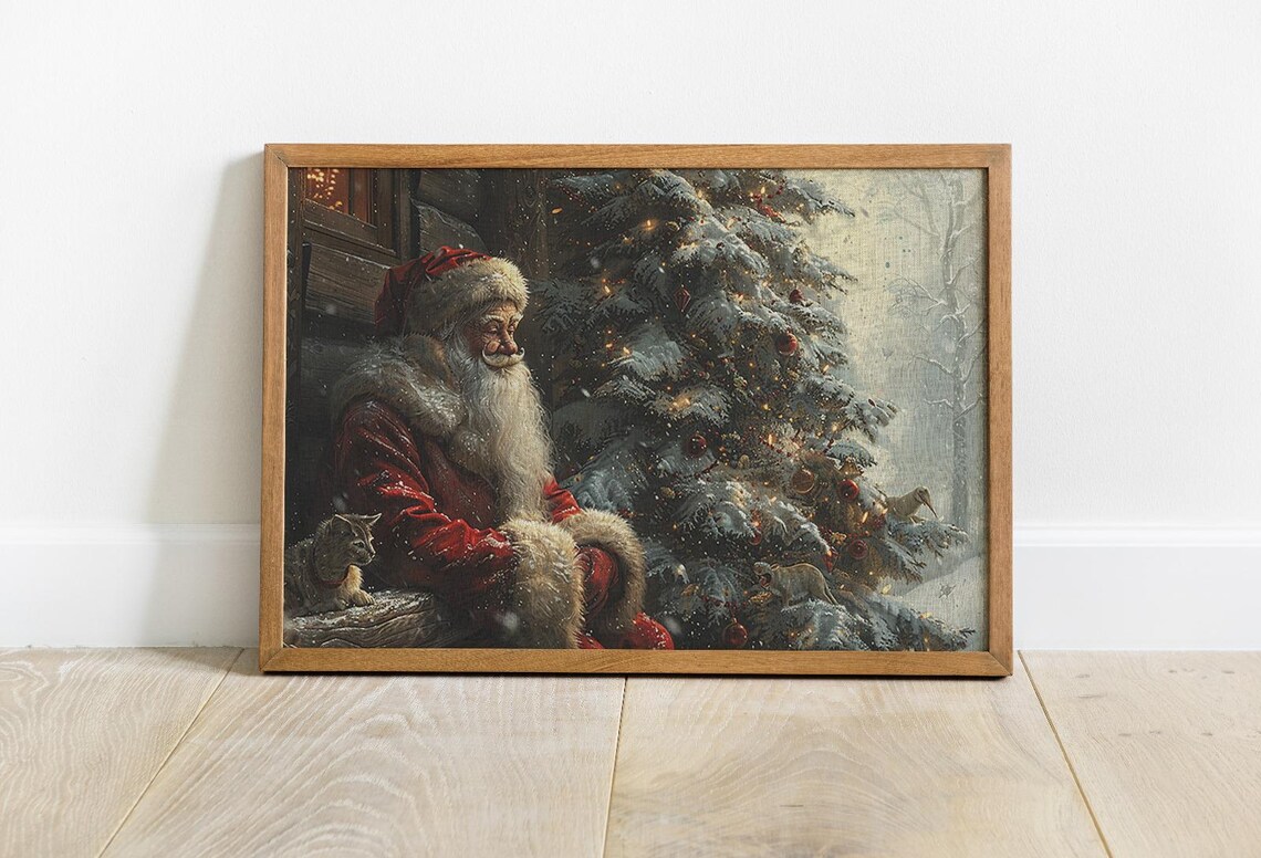 Santa Claus Beside Snowy Christmas Tree At Cozy Cabin Vintage Holiday Poster - Image 2
