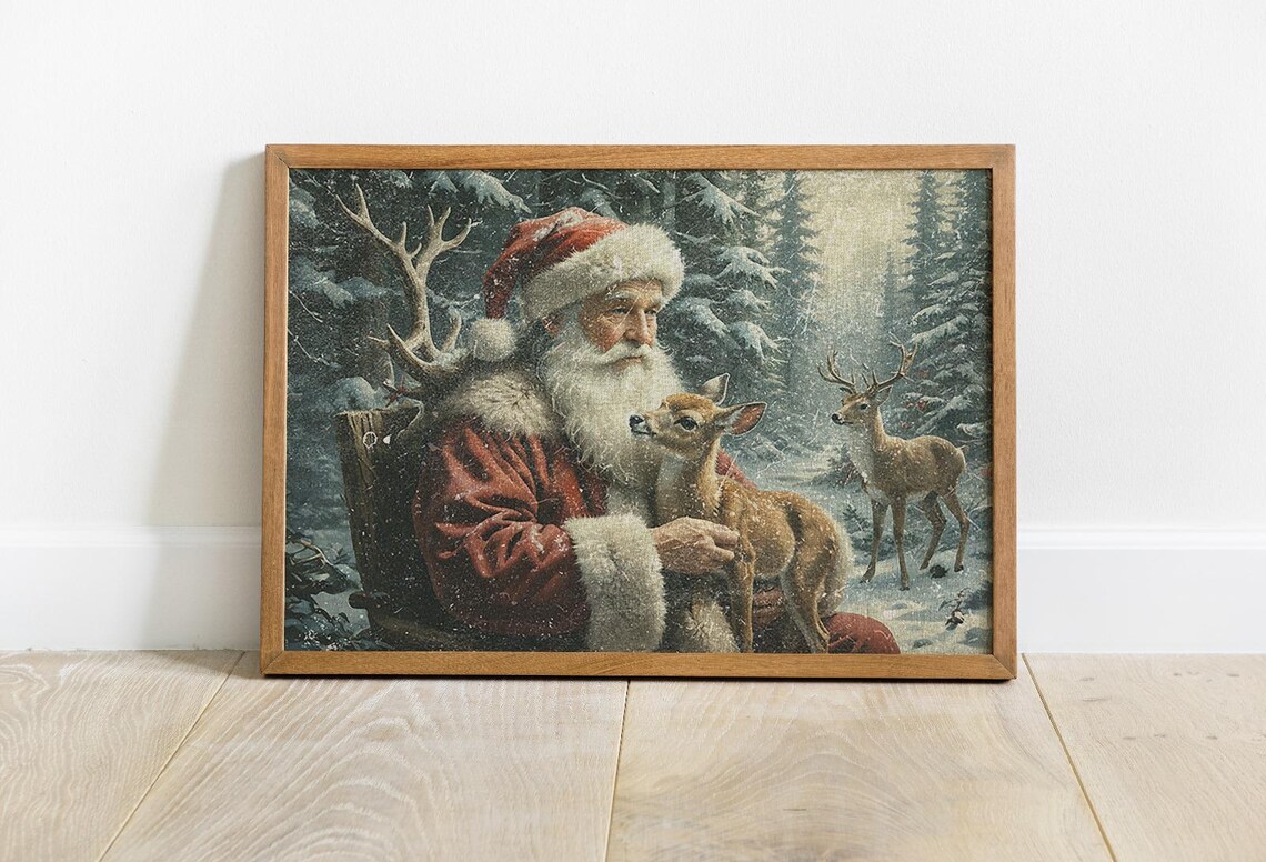 Santa Claus Holding Fawn In Snowy Forest Vintage Christmas Oil Painting Poster - Image 2