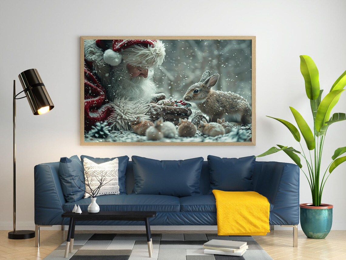 Santa Claus Feeding Bunnies In Snowy Forest Sweet Christmas Poster - Image 3