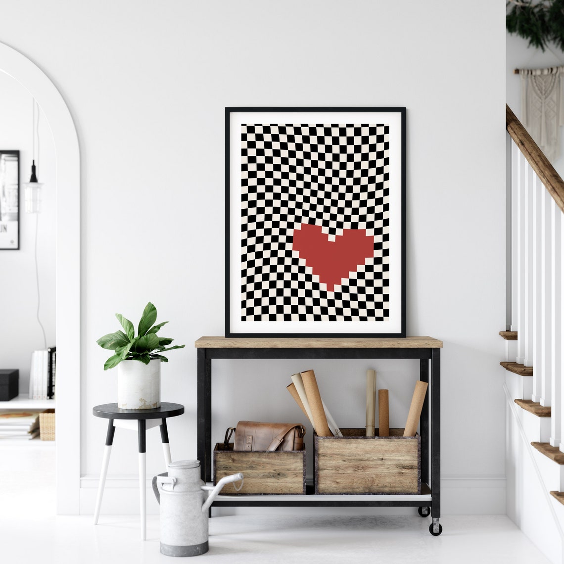 Red Pixel Heart Checkerboard Black and White Abstract Art Poster
