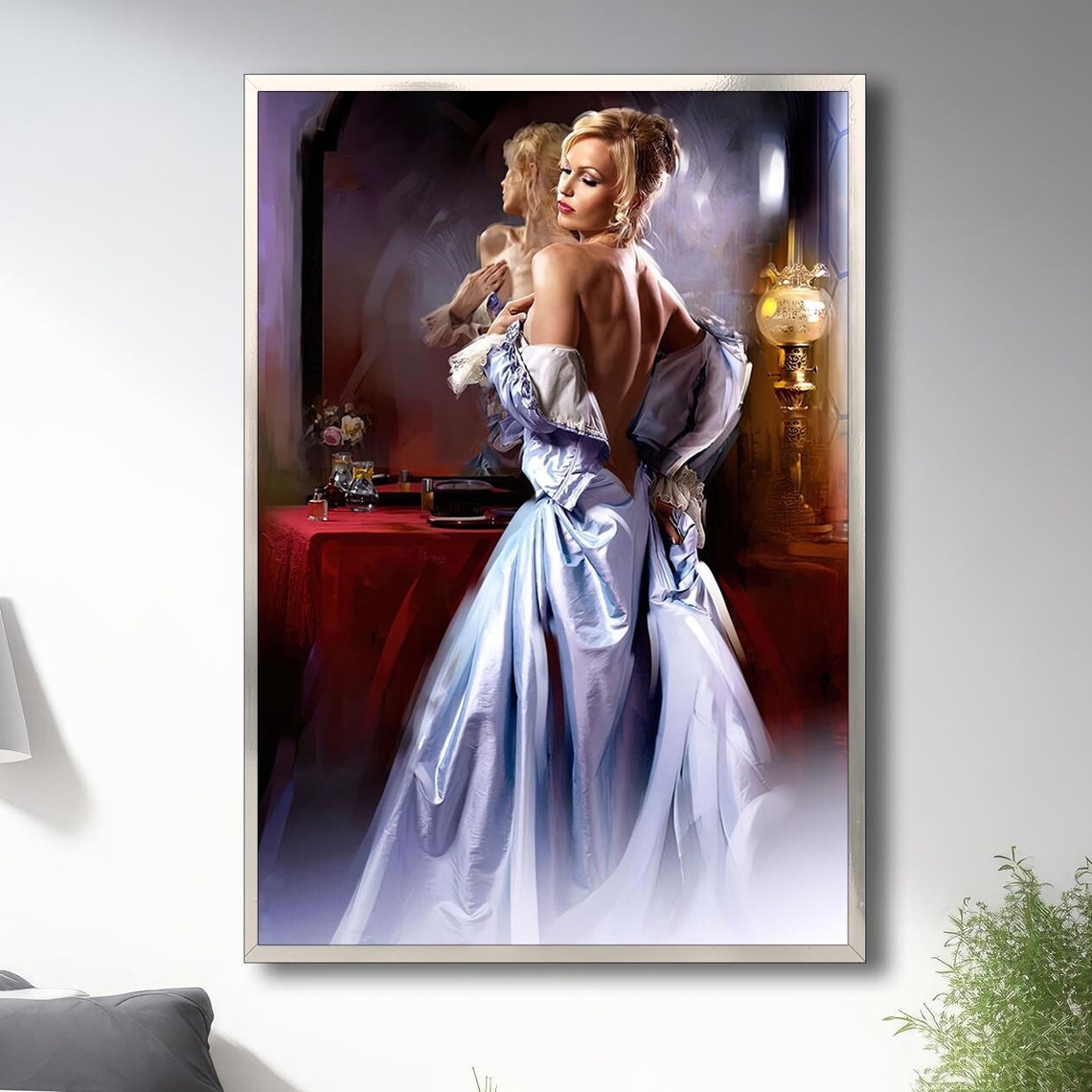 Sexy Woman Sitting With Her Back Naked Wall Art Print Fashion Wall Art White Dressed Attractive Woman Painting Attractive Girl