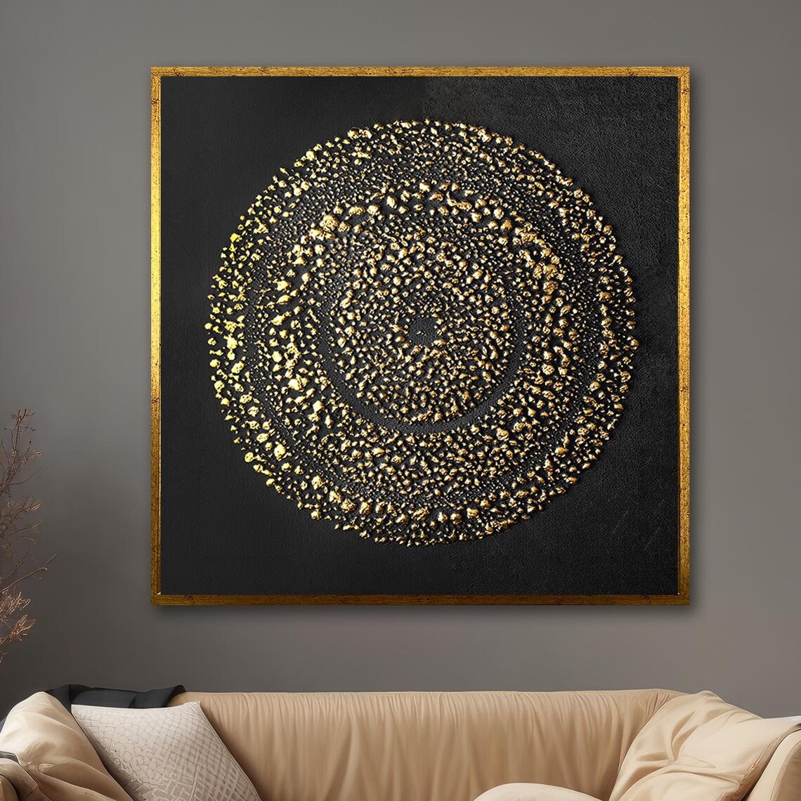 Golden Concentric Rings Abstract Black Background Modern Art Poster