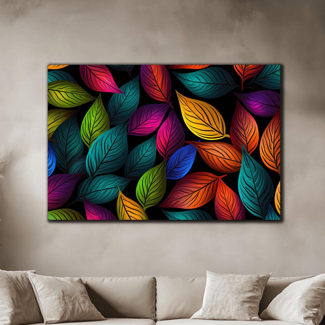 Scattered Rainbow Leaves Black Background Vibrant Botanical Poster