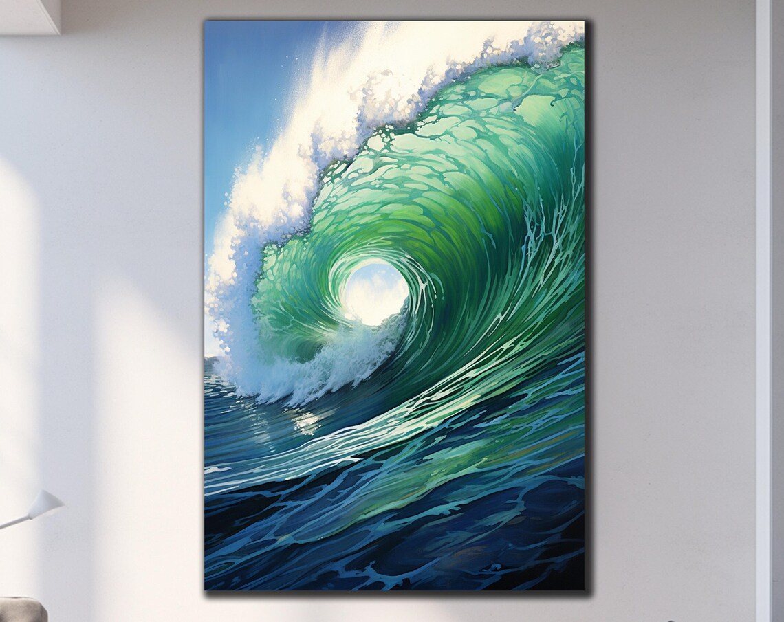Emerald Green Ocean Wave Barrel Sun Through Tube Surf Painting Poster