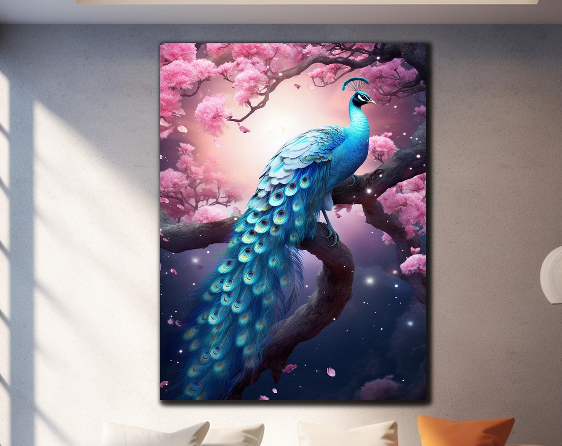 Blue Peacock Cherry Blossom Night Moonlit Garden Bird Art Poster