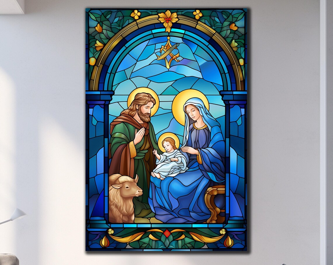 Holy Family Stained Glass Nativity Mary Joseph Jesus Lamb Art Poster