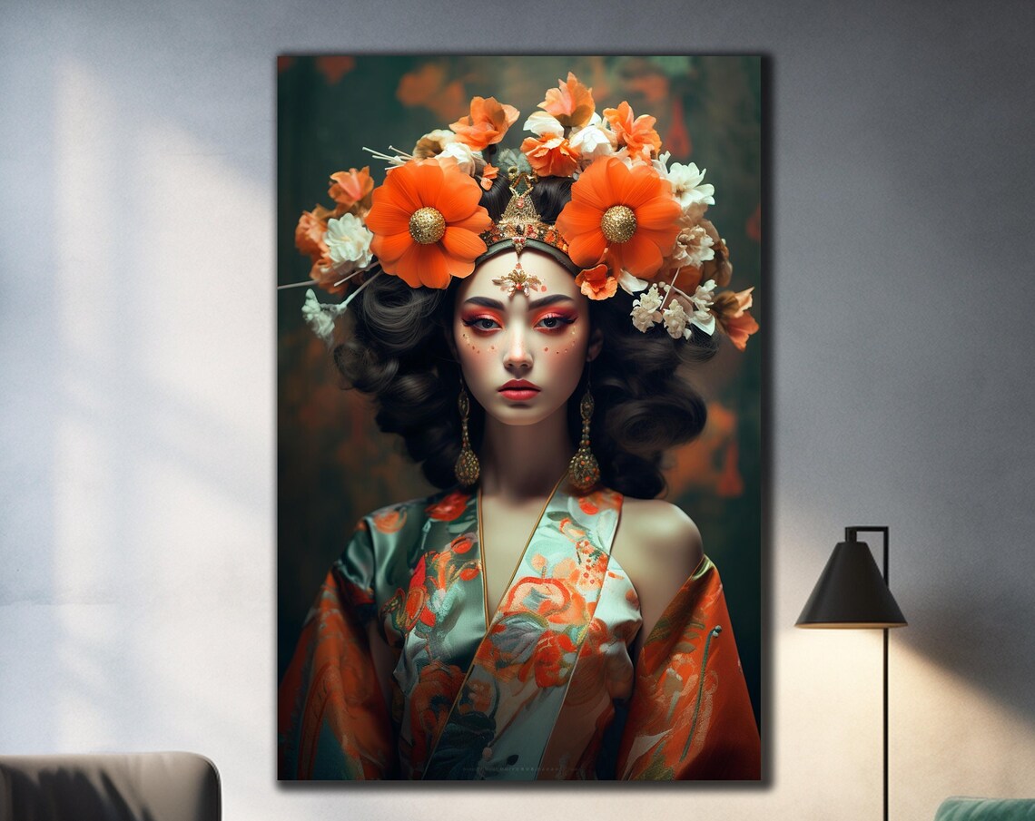 Orange Blossom Geisha Portrait Kimono Warm Floral Art Wall Poster