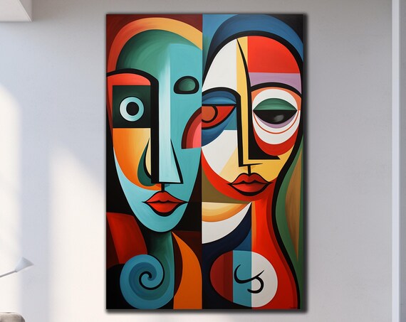 Cubist Faces Glass Wall Art Teal Orange Geometric Abstract Portrait Decor Print