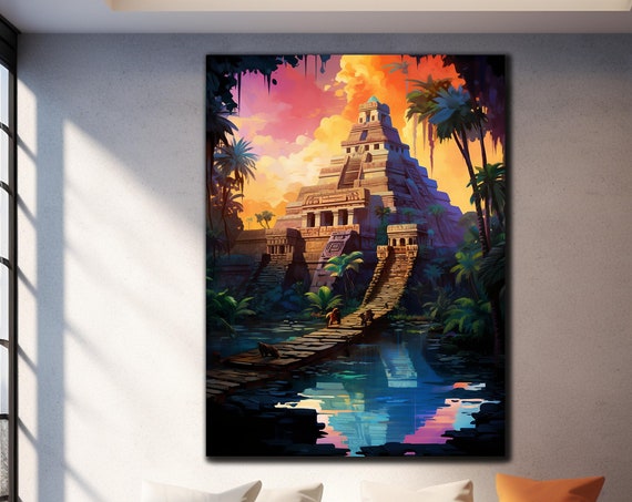 Temple Mayan Sunset Wall Art Tempered Glass Wall Art Ancient Art Wall Decor Aztec Cultural Heritage Art Mesmerizing Sunset Scene Glass Art