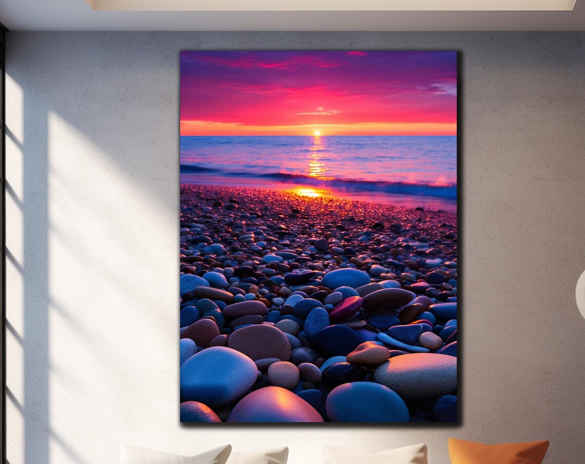 Pink Purple Pebble Beach Sunset Ocean Horizon Stones Travel Poster