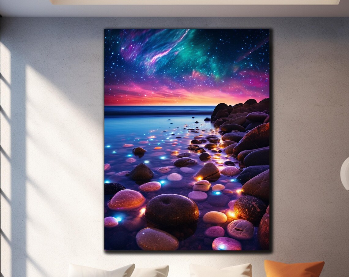 Night Beach Glowing Stones Starry Galaxy Sky Zen Ocean Art Poster