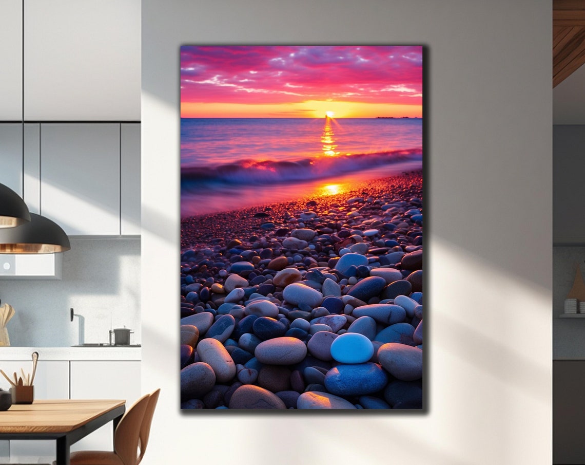 Pebble Beach Magenta Sunset Ocean Waves Smooth Stones Travel Poster