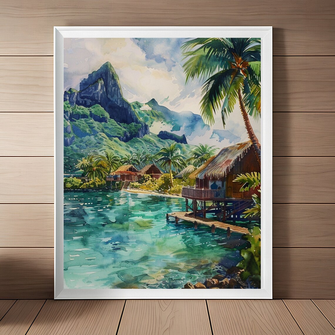 Bora Bora Watercolor Travel Poster, Tropical Seascape