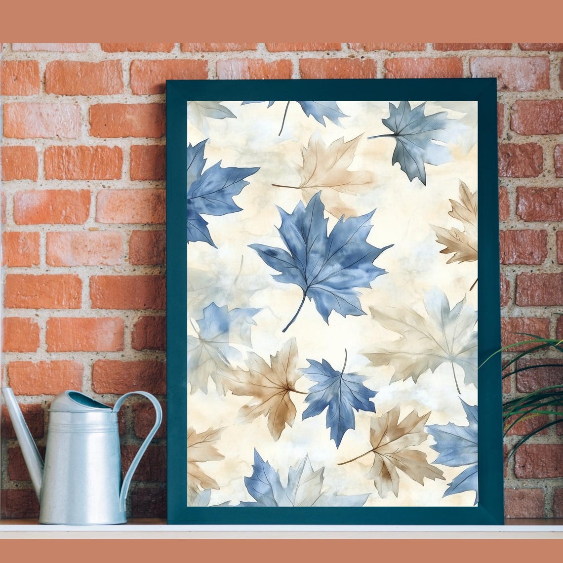Blue Beige Maple Leaves Falling Pattern Cream Watercolor Wall Art