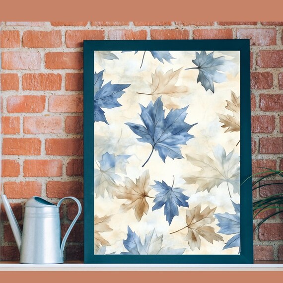 Blue Beige Maple Leaves Falling Pattern Cream Watercolor Wall Art