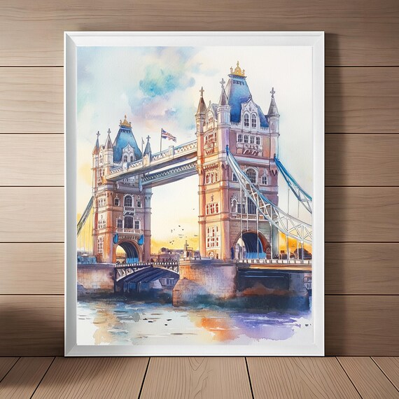 London Tower Bridge Sunset Watercolor Thames River UK Art Poster