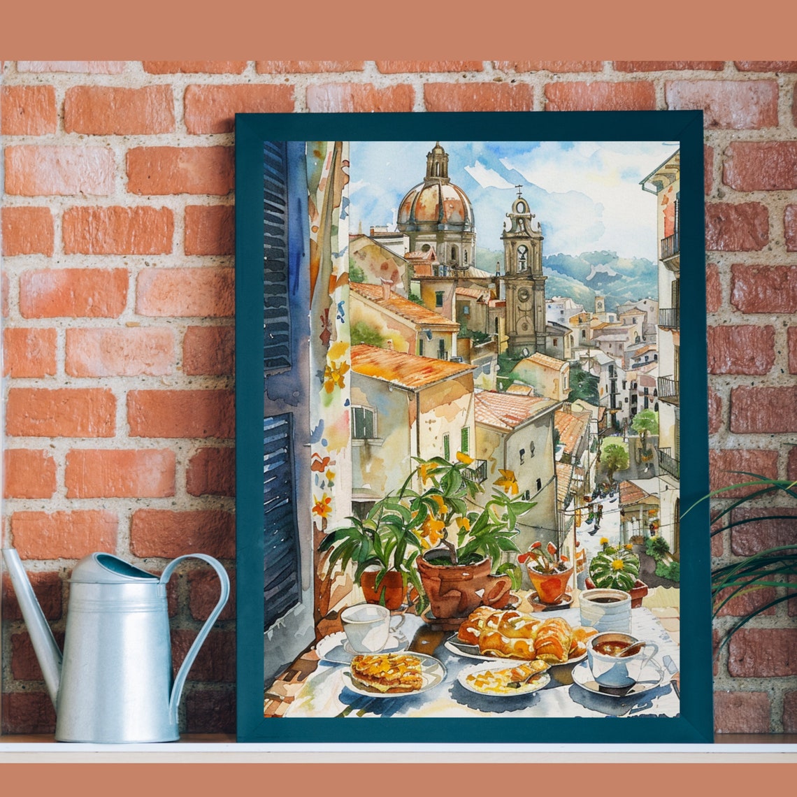 Sicily Breakfast Terrace Cathedral Dome Old Town Watercolor Wall Art