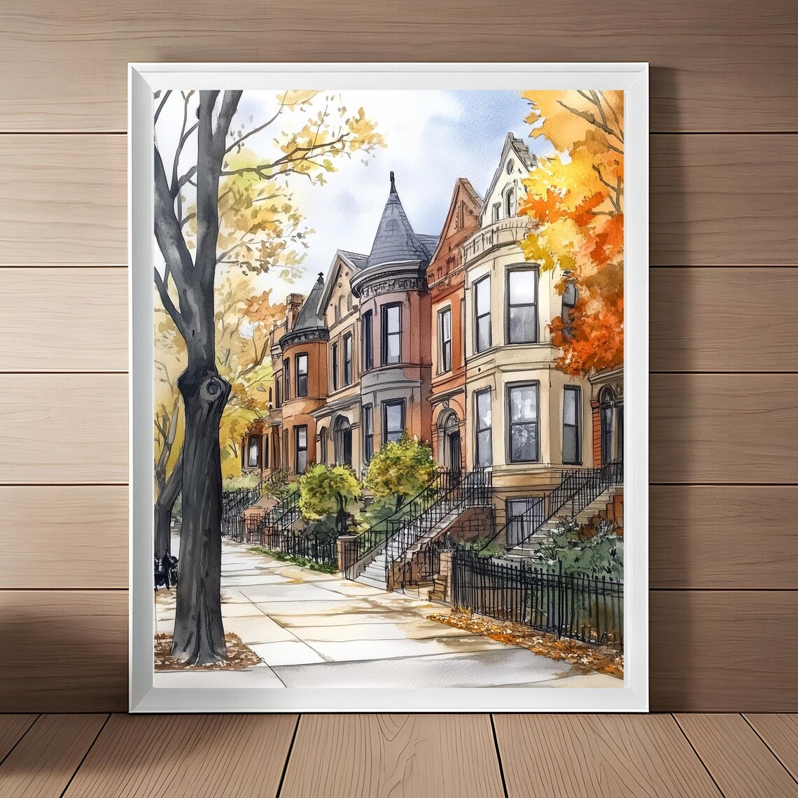 Chicago Lincoln Park Brownstone Autumn Street Watercolor Art Poster