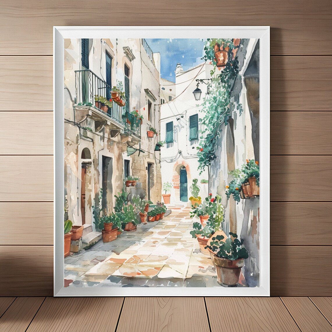 Puglia Travel Poster, Italy Streetscape Watercolor