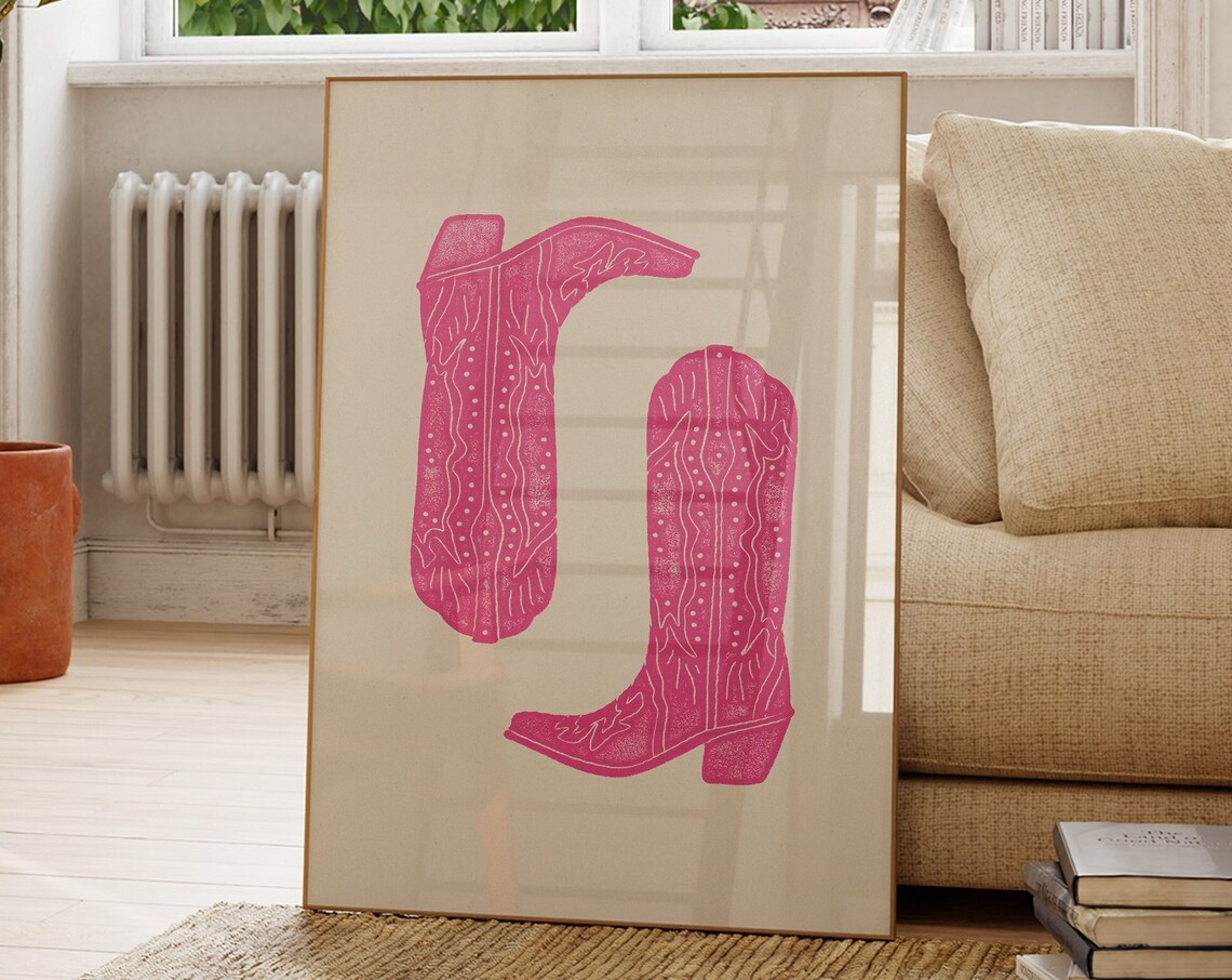 Hot Pink Cowboy Boots Pair Cream Western Girly Style Art Poster - Image 2