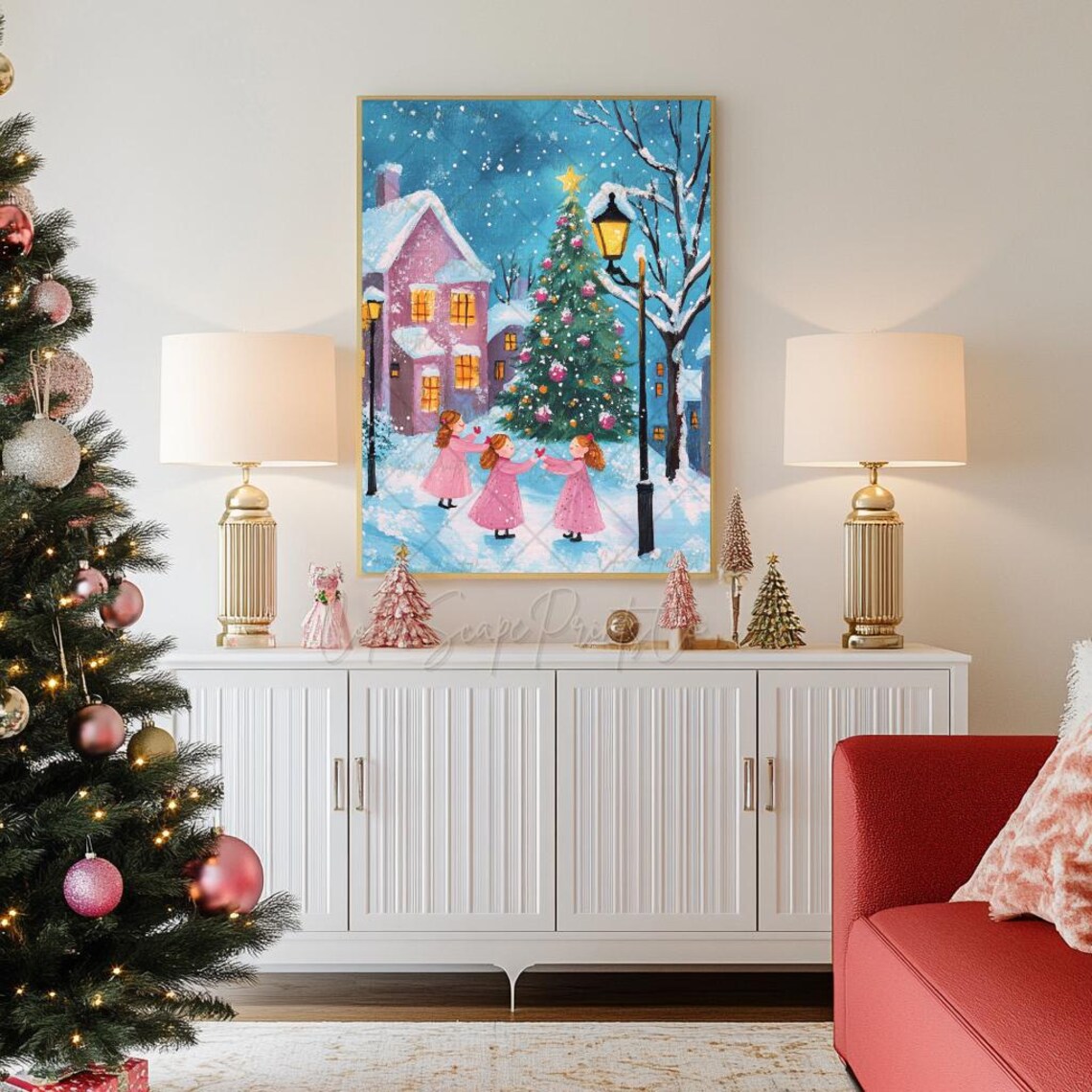 Christmas Carolers Girls Dancing in Snowy Village Square Wall Art - Image 2