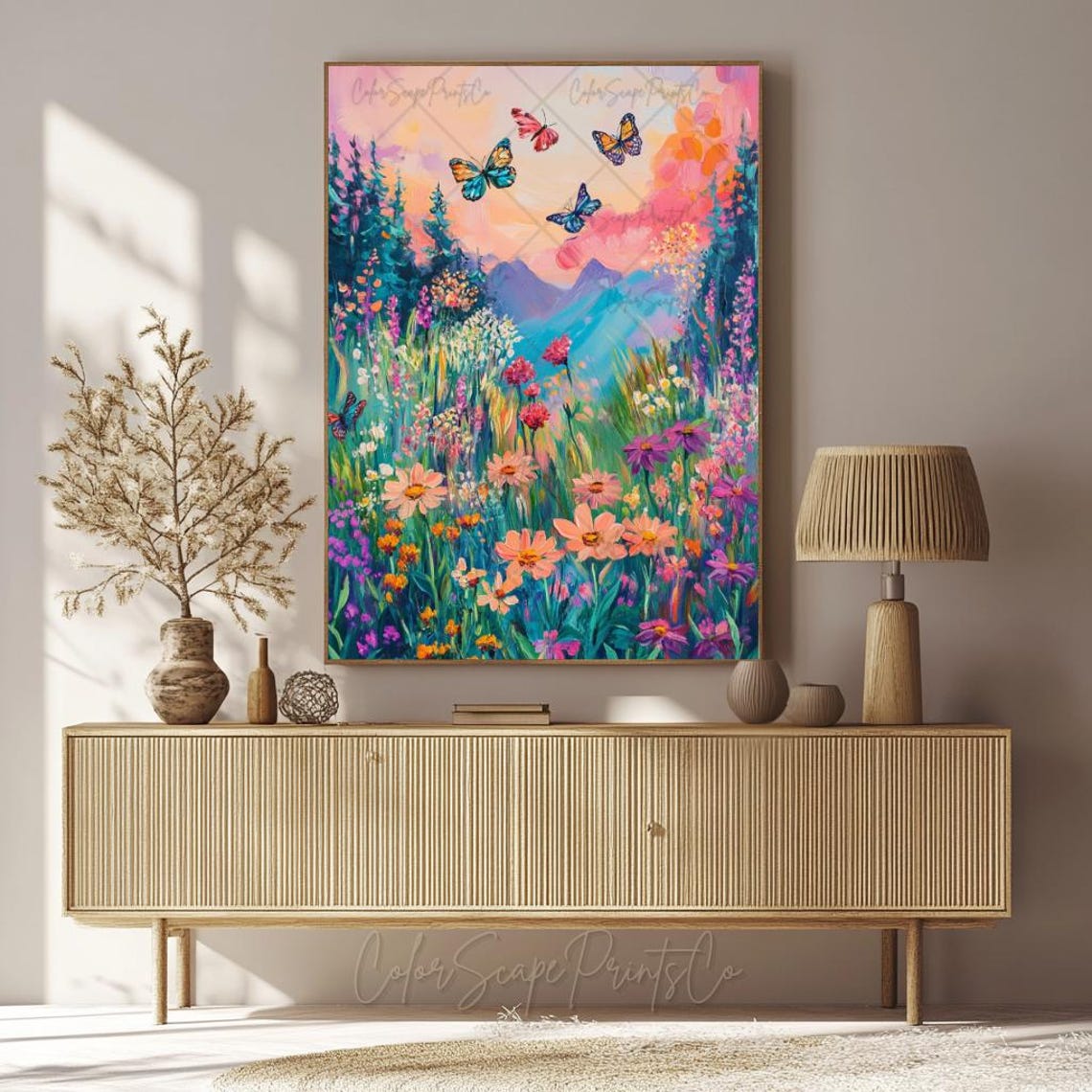 Butterfly Garden Wildflower Meadow Sunset Painting Spring Bloom Poster - Image 3