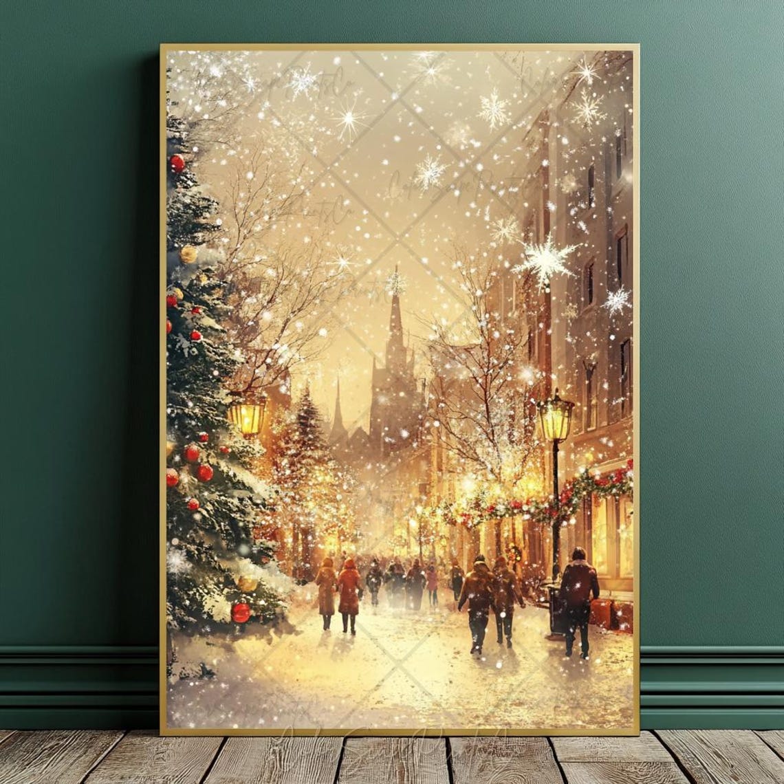 Golden Christmas Tree Print Snowy Village Christmas Town Print Winter Village Print Winter Landscape Art Holiday Wall Art Winter Wall Art - Image 4