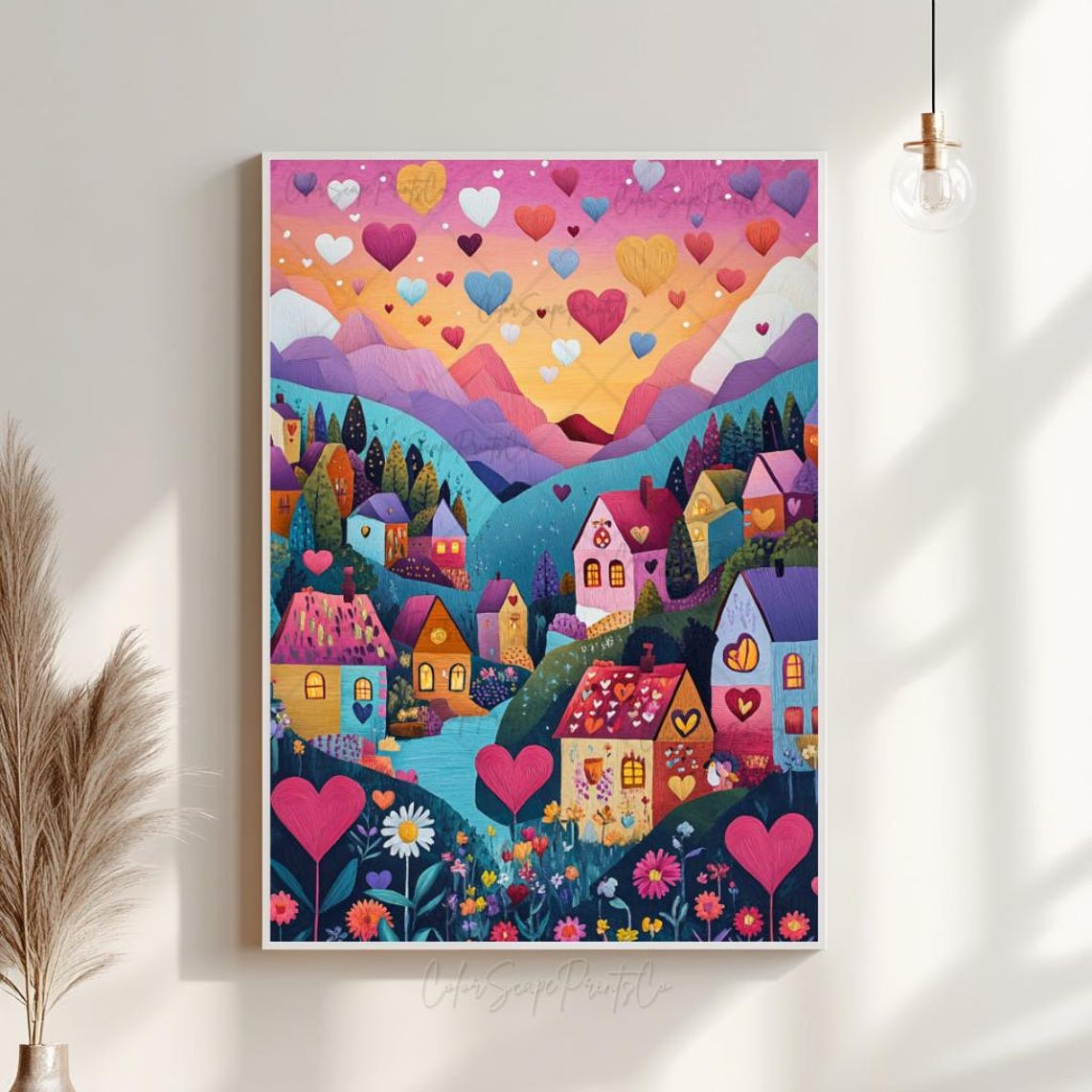 Valentine Village with Floating Hearts Sunset Mountain Painting Poster - Image 4