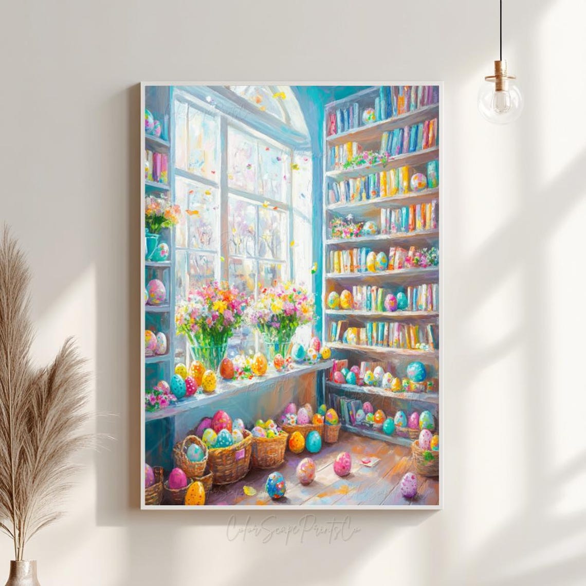 Easter Bookshop Painting Colorful Eggs Baskets Bookshelf Window Poster - Image 4