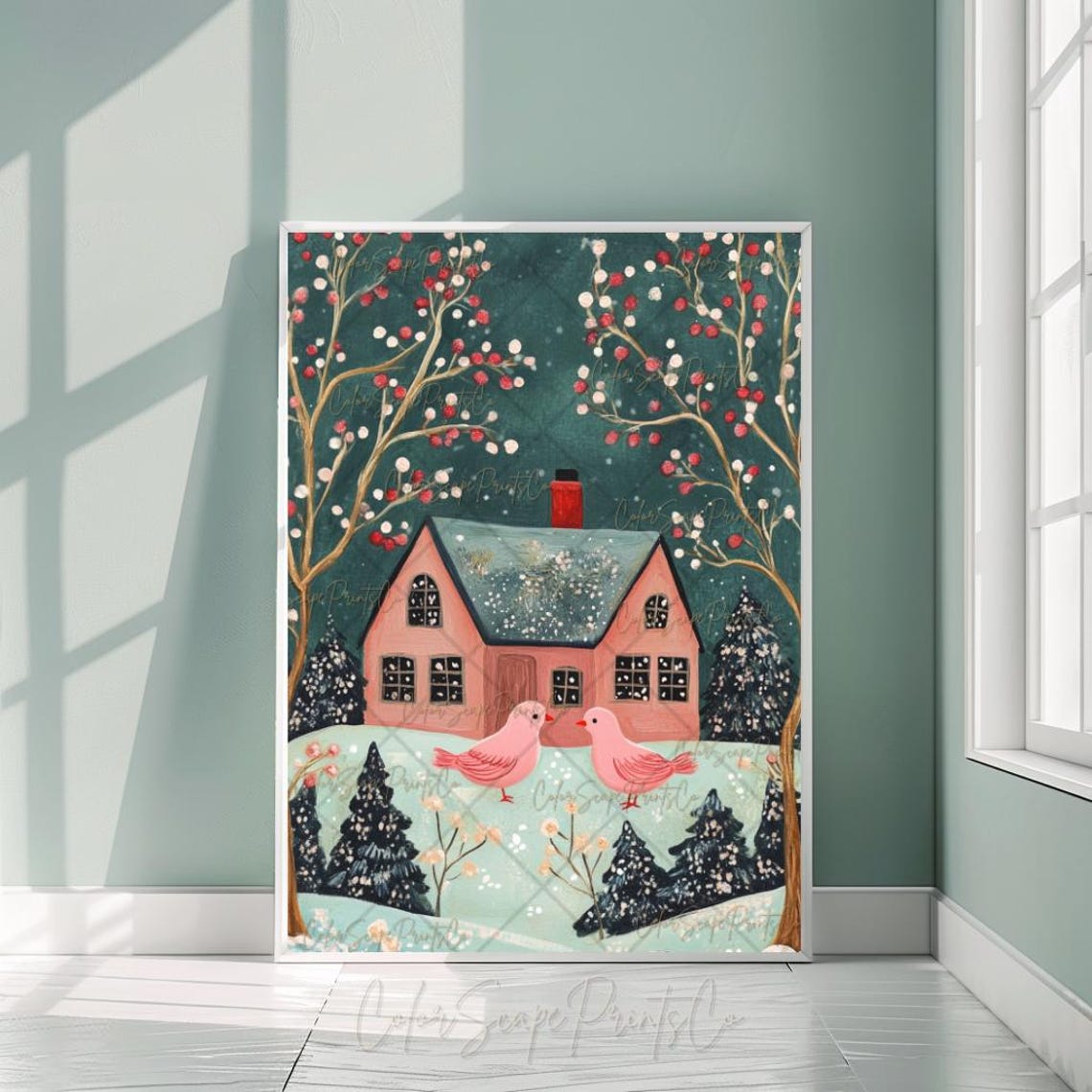 Pink Cottage with Two Pink Birds in Snowy Berry Tree Yard Art Poster - Image 2