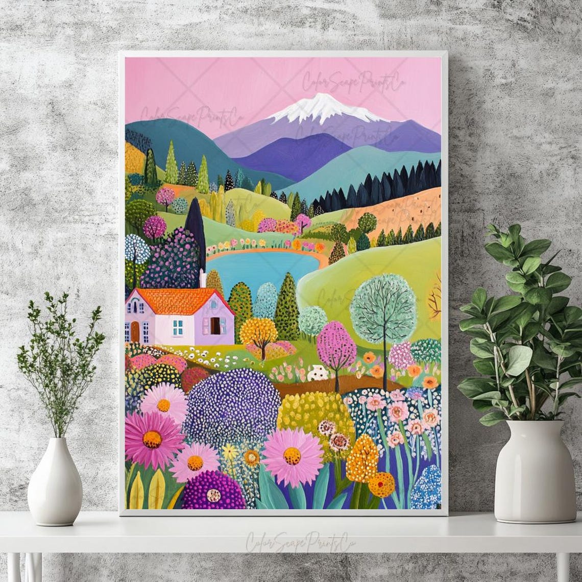 Folk Art Cottage Valley With Lake Wildflowers Mountains Poster - Image 3